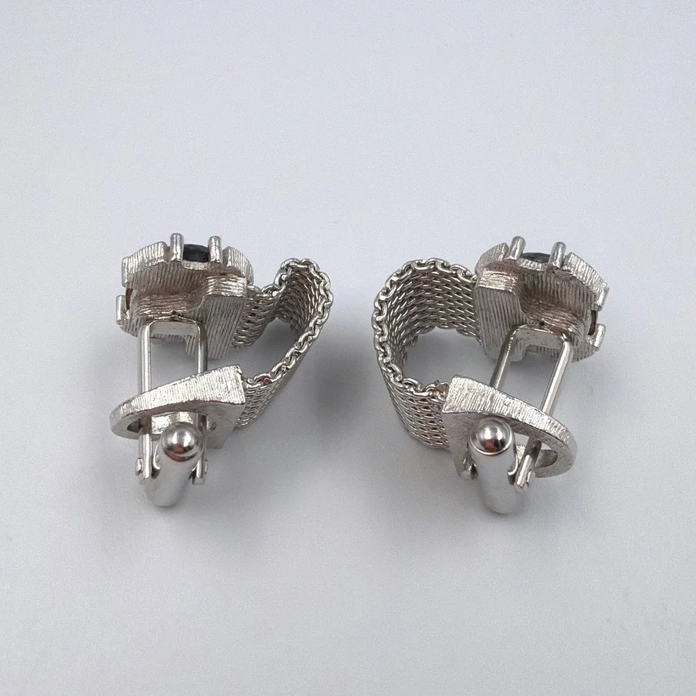 1970 Vintage Swank Blue Cabochon Cufflinks Silver Tone Mesh Wrap Retro Mod Mens